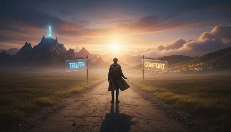 Person at sunrise crossroads, truth vs comfort