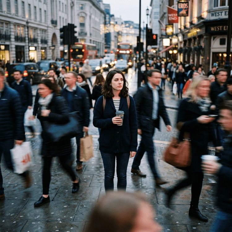 Woman holding coffee cup standing still in busy city street with blurred pedestrians