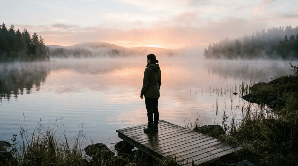Person standing on wooden dock looking at misty lake during sunrise