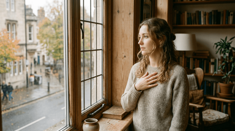 Woman in sweater standing by window looking outside thoughtfully with hand on chest