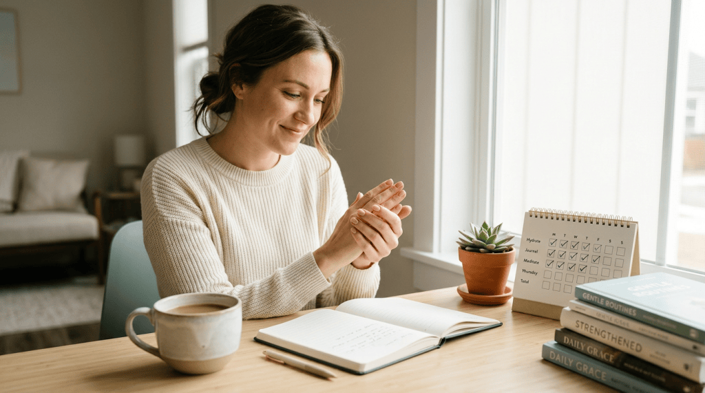 Woman journaling beside coffee, habit calendar, plant, and self-care books